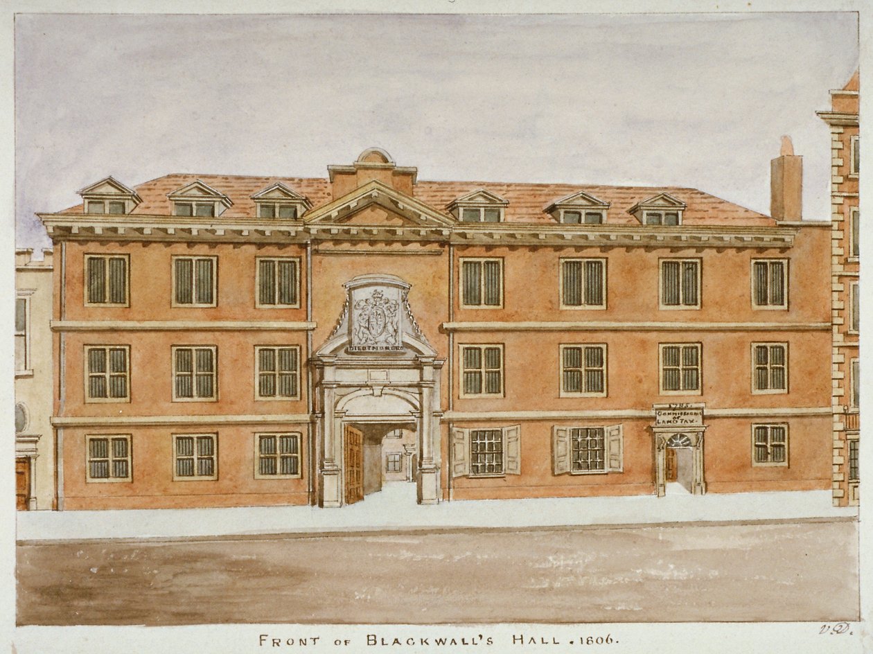 Vista frontale di Blackwell Hall, City of London da Valentine Davis