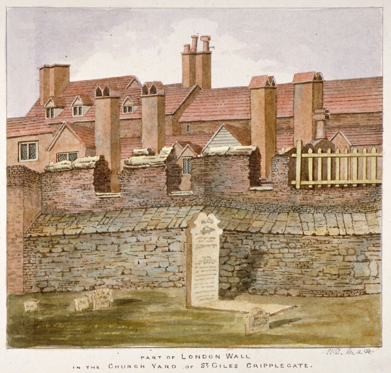 Resti del muro di Londra nel cimitero della chiesa di St Giles senza Cripplegate, Città di Londra, 1825 da Valentine Davis