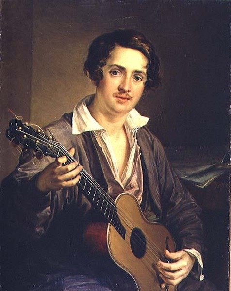 Il Suonatore di Chitarra: Ritratto del Virtuoso Chitarrista Vladimir Ivanovich Morkov (1803-64) 1839 da Vasili Andreevich Tropinin