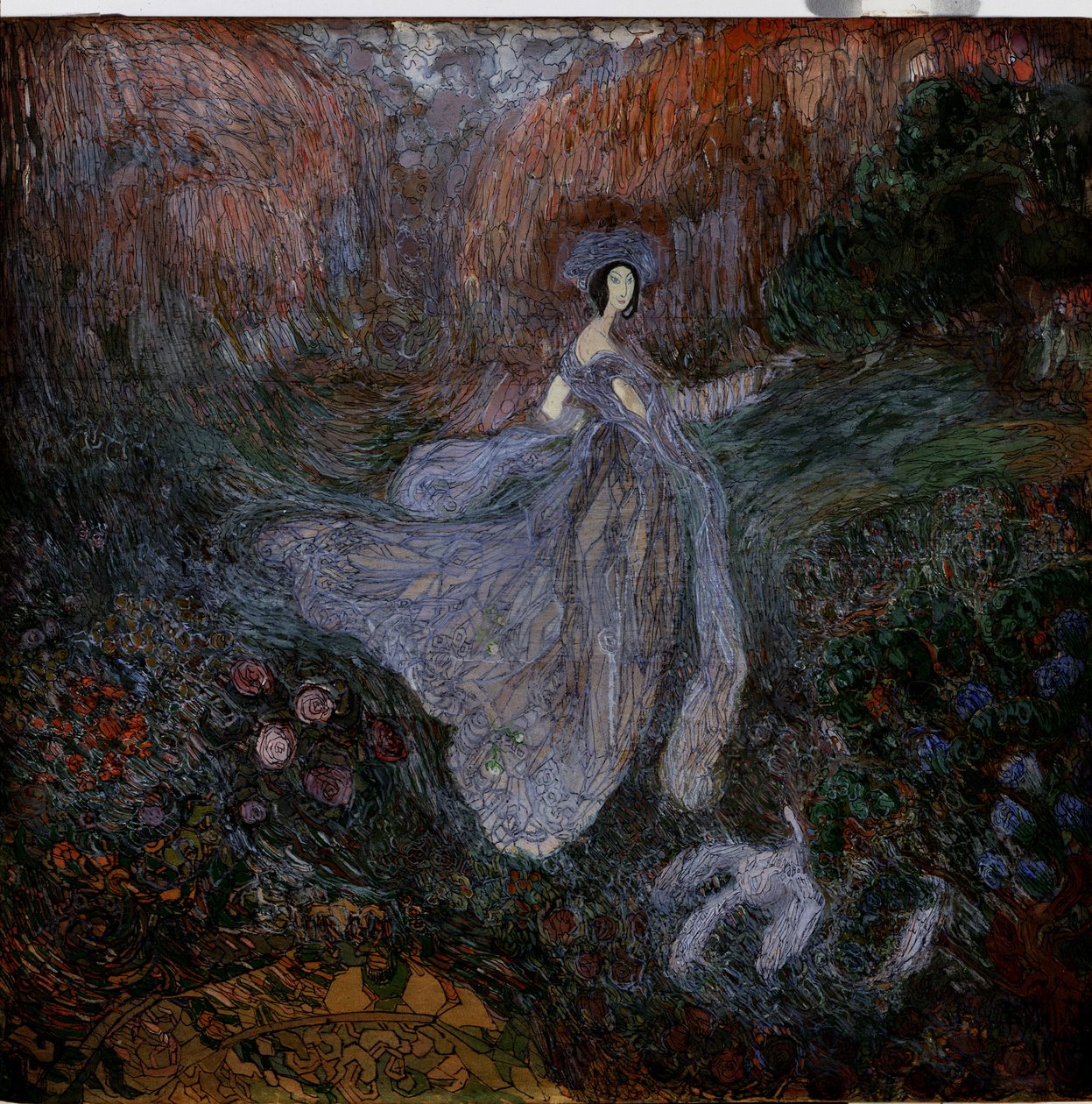 Mattina. Una donna vestita di veli cammina verso un uccello a terra, in un giardino fiorito. Opera di Vasili Dmitrievich Millioti (1875-1943), acquerello, gouache e inchiostro su carta da Vasili Dmitrievich Millioti