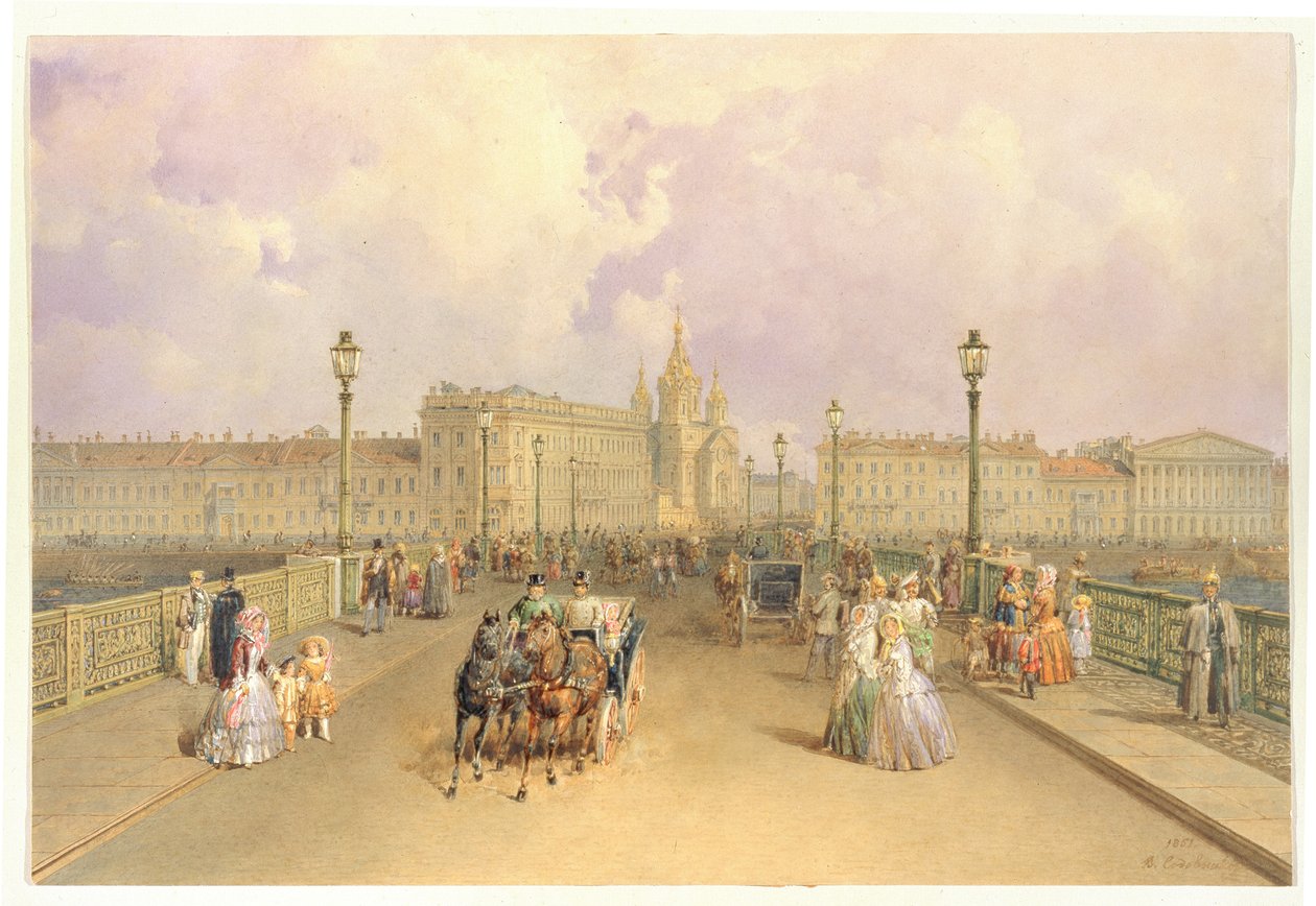 Veduta del ponte Blagoveshchensky a San Pietroburgo, 1851 da Vasili Semenovich Sadovnikov