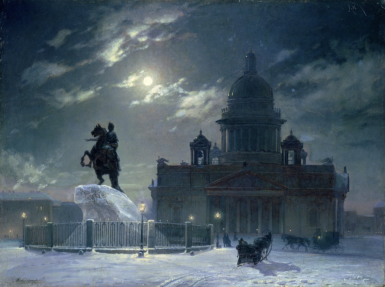 Veduta del Monumento a Pietro il Grande in Piazza del Senato, San Pietroburgo, 1870 da Vasilij Ivanovic Surikov