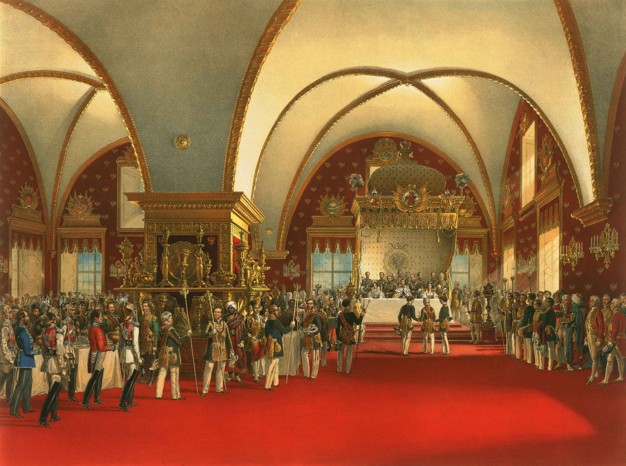 Banchetto di incoronazione dello Zar Alessandro II (1856) nella sala principale del Palazzo delle Faccette da Georg Wilhelm Timm