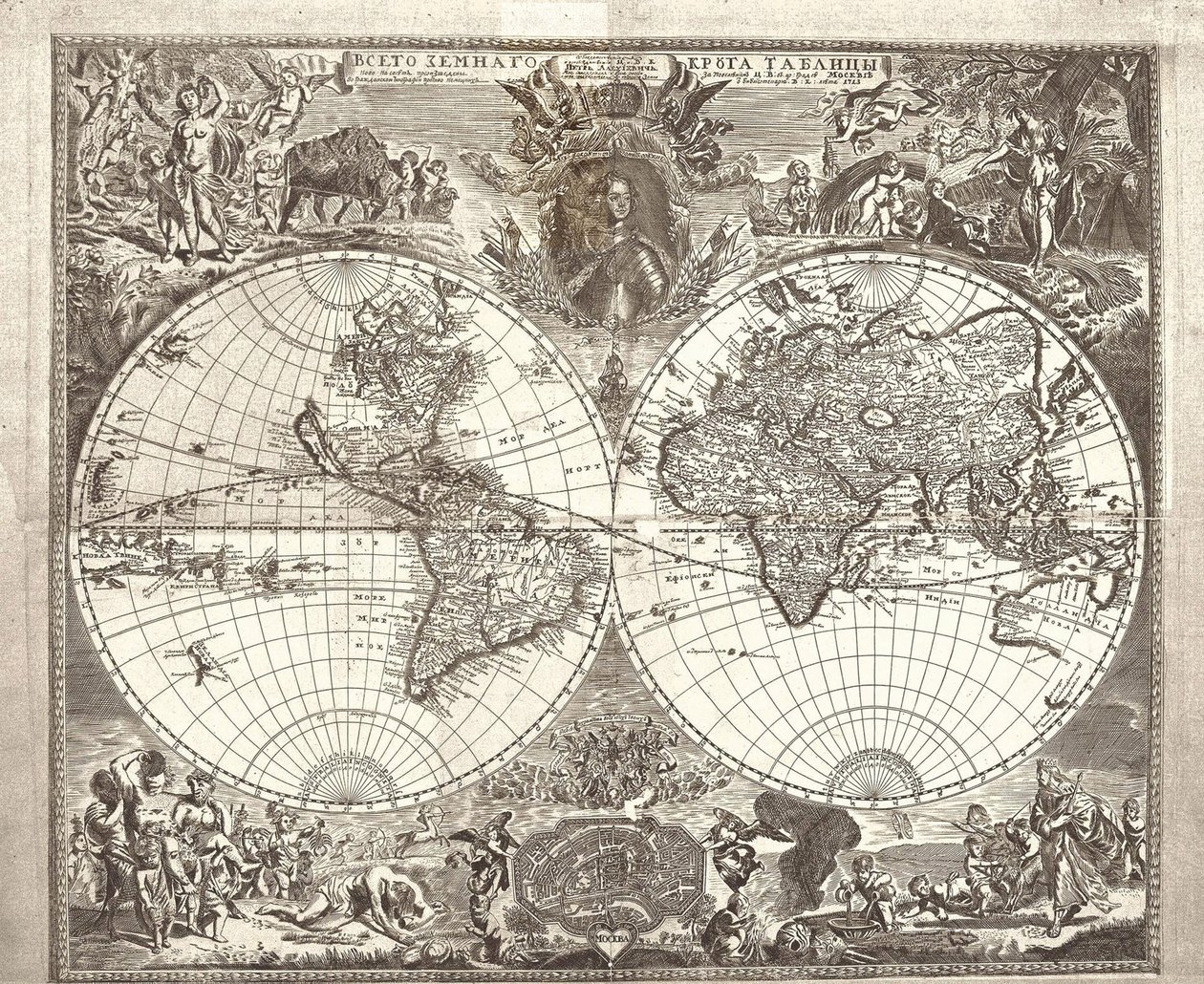 Mappa del mondo a doppio emisfero, 1713 da Vasily Anufrievich Kiprianov