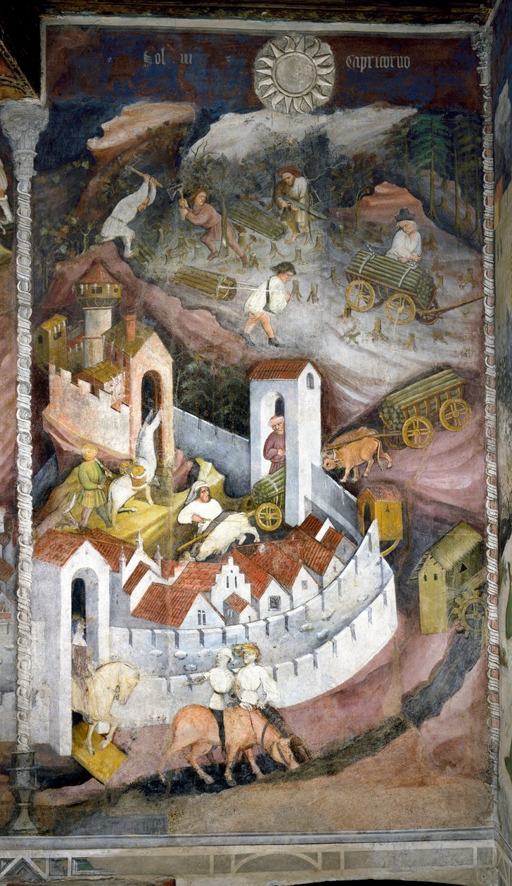 Dicembre: i boscaioli raccolgono la legna e la riportano nella città di Trento dove sono rappresentati il muro e il castello del Buonconsiglio da Venceslao Maestro
