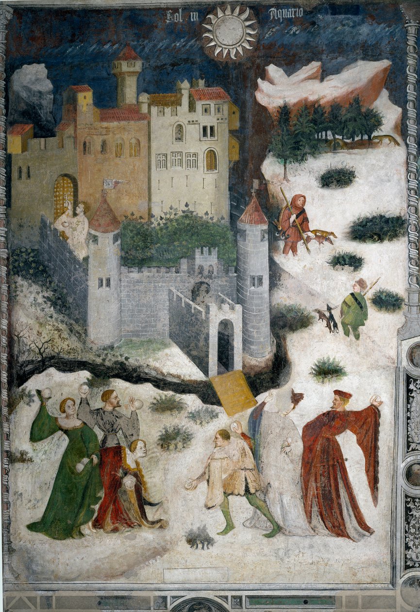 Mese di gennaio: paesaggio innevato con aristocratici e cacciatori da Venceslao Maestro