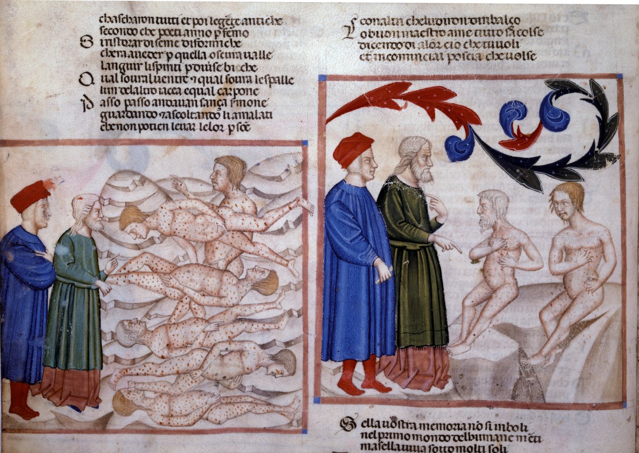 Dante e Virgilio a colloquio con Grifolino di Arezzo e Capocchio di Siena. XIV secolo (miniatura) da Venetian School