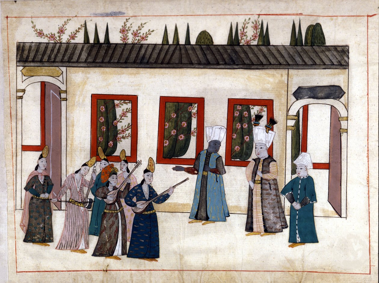 Il Sultano visita la favorita con la madre e il capo degli eunuchi. Miniatura da Memoriali Turchi (codice Cicogna 1971 Memorie Turchesche) Acquerello della scuola veneziana del XVII secolo da Venetian School