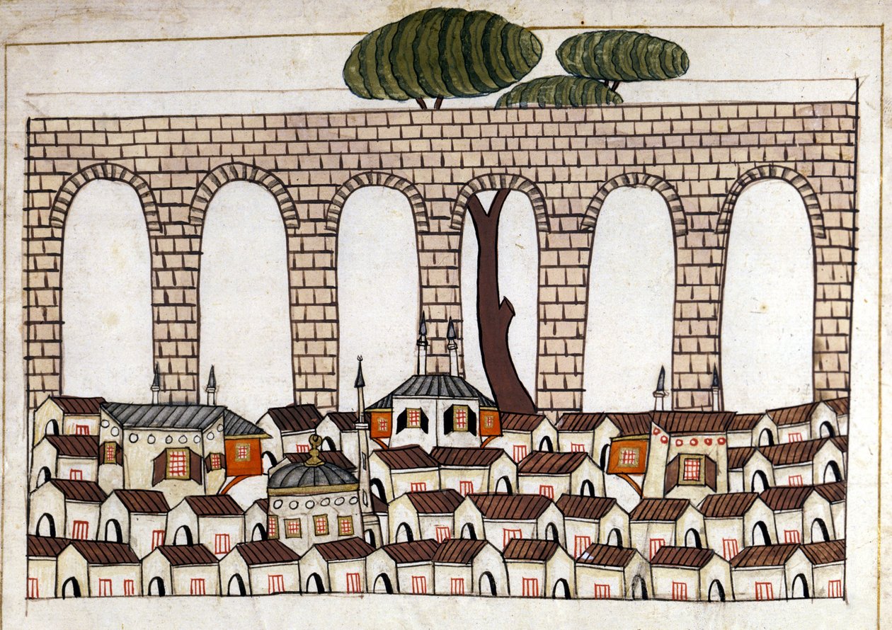 Veduta di Costantinopoli e del suo acquedotto. Miniatura da "Memorie Turche" (codice Cicogna 1971 "Memorie Turchesche") Acquerello della scuola veneziana del 17° secolo. da Venetian School