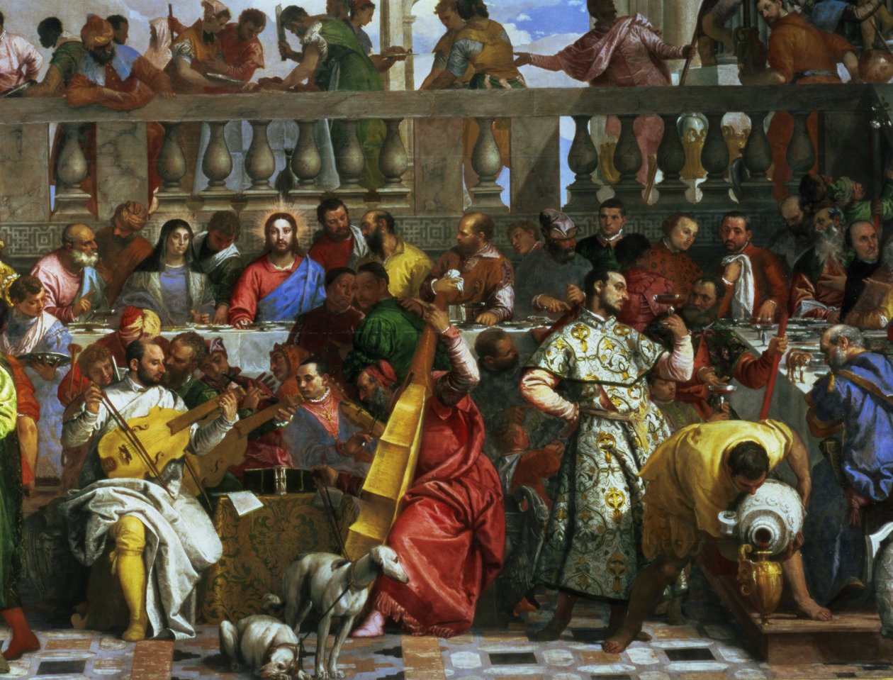 Le Nozze di Cana, dettaglio di musicisti e cani da Paolo Veronese