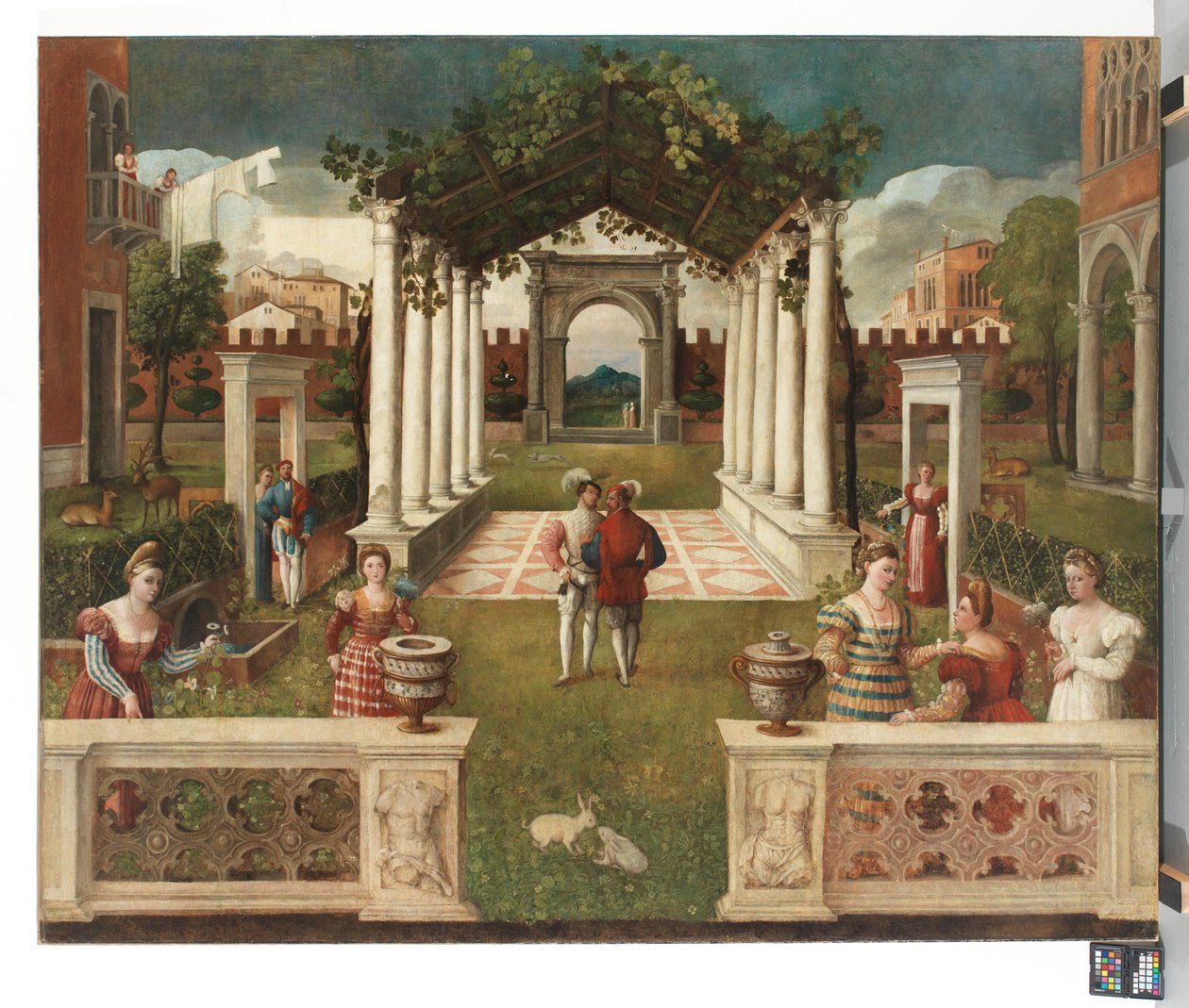 Giardino architettonico classico con figure eleganti, paesaggio montuoso sullo sfondo da Veronese School