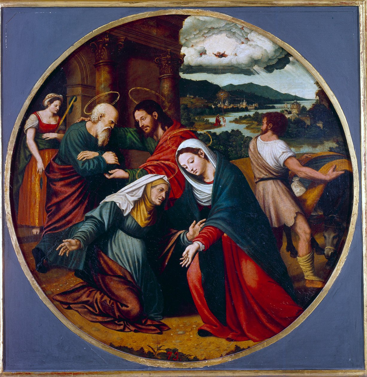Visitazione. Incontro tra la Vergine Maria e Santa Elisabetta. In fondo, San Giuseppe e Zaccaria da Vicente Juan (c.1510 79) Macip