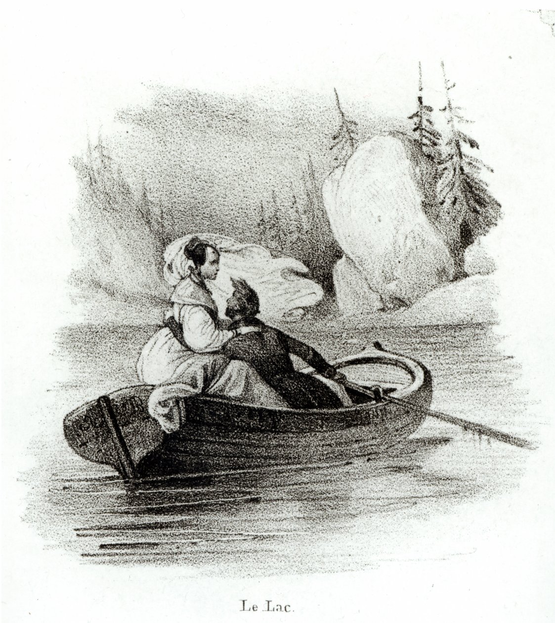 Alphonse de Lamartine (1790-1869) ed Elvire sul lago di Bourget, inciso da Alfred Lemercier da Victor Adam