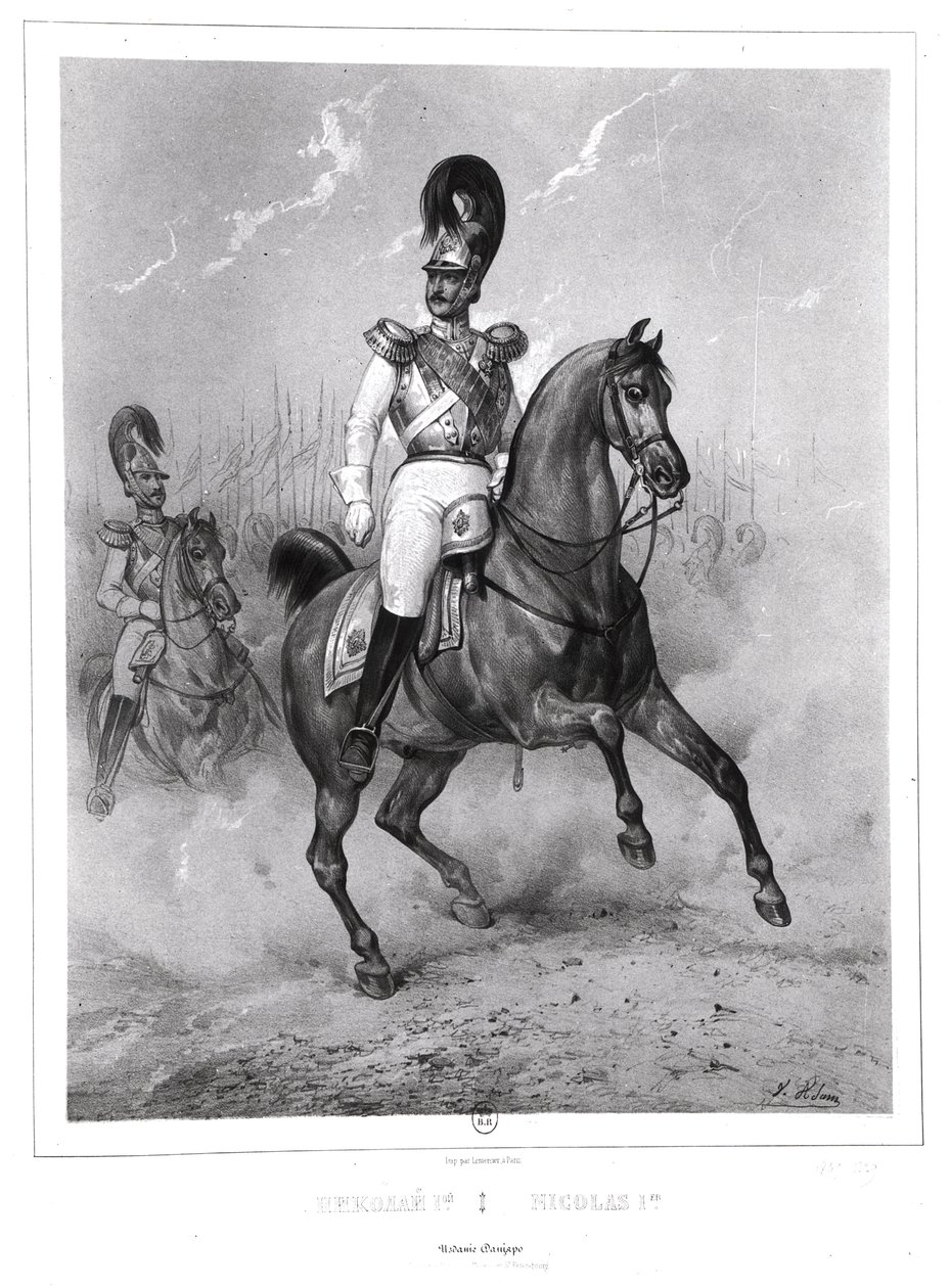 Ritratto di Nicola I Pavlovich a cavallo con il suo esercito da Victor Adam