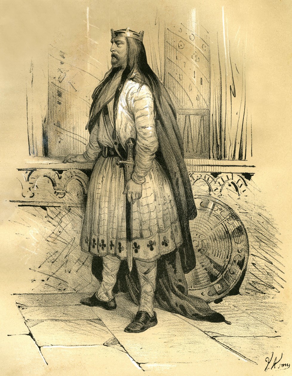 Clodione il Capelluto, capo dei Franchi Salii dal 428 circa fino alla sua morte nel 447, probabile antenato dei Merovingi. Incisione di Victor Adam (1801-1866) nel libro "Francia nel Medioevo" pubblicato dai fratelli Ardant a metà del XIX secolo da Victor Adam