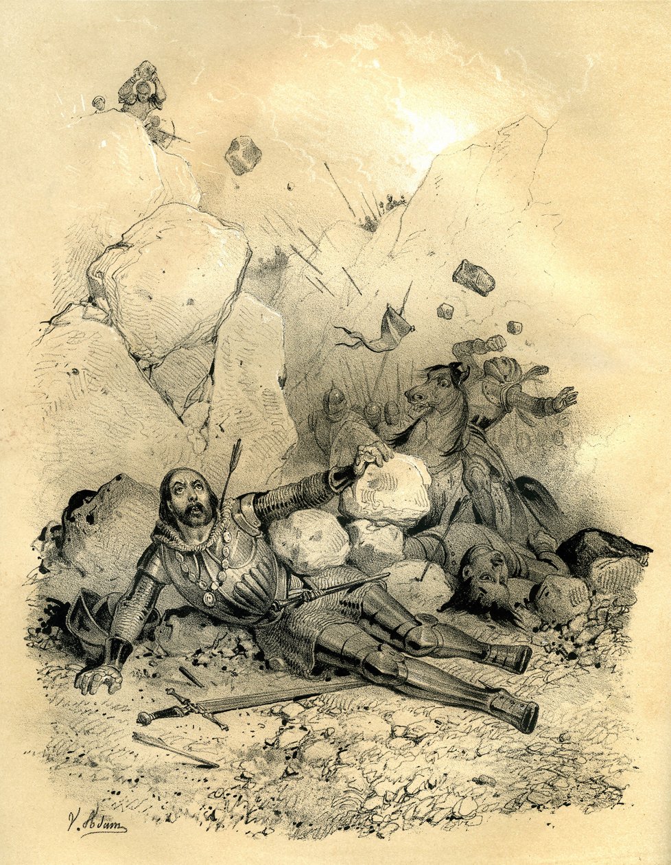 Rolando, conte della marca di Bretagna, ucciso da un distaccamento di Vasconi (Baschi) nel 778 nella valle di Ronceveaux (Pirenei). Incisione di Victor Adam (1801-1866) nel libro “Francia nel Medioevo” pubblicato dai fratelli Ardant a metà del XIX secolo da Victor Adam