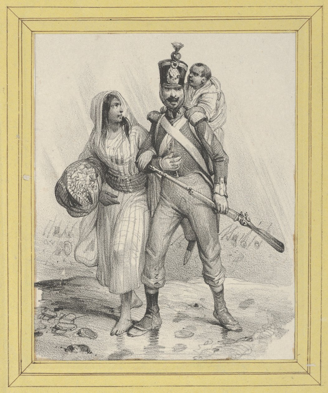 Soldat mit einer Frau am Arm und einem Kind auf dem Rücken da Victor Adam