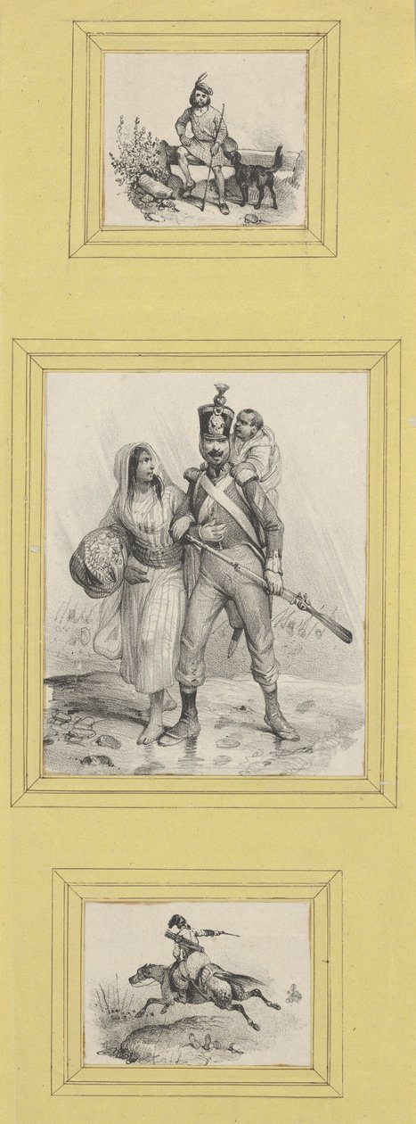 Soldaten und ein Highlander (3 Drucke unterschiedlicher Größe auf ein gelbes Blatt geklebt) da Victor Adam