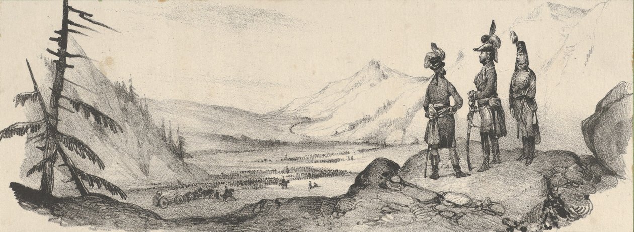 Tre soldati in un paesaggio, metà del XIX secolo da Victor Adam