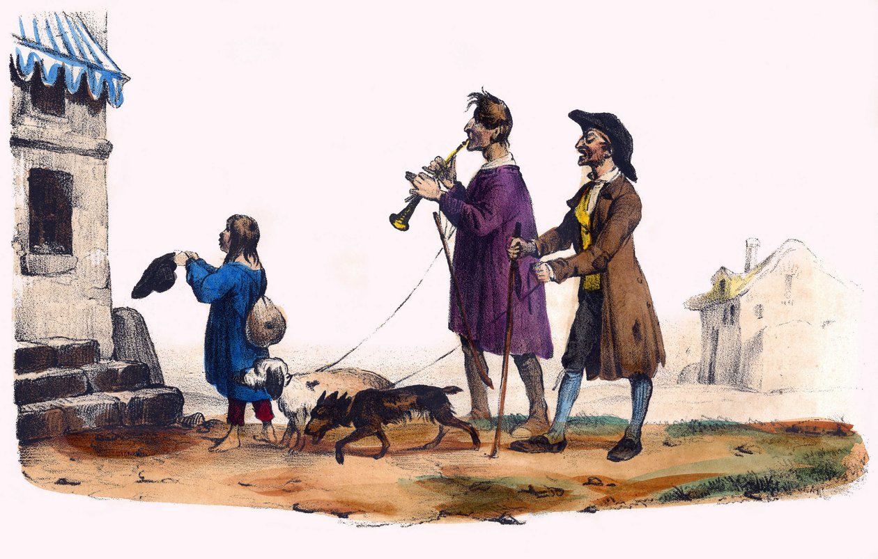 Due ciechi guidati da cani e un bambino mendicante. In 