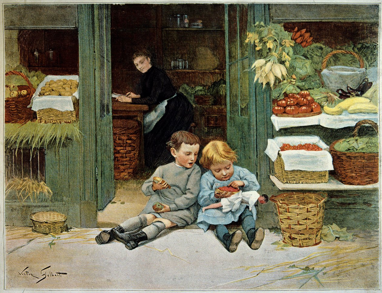 Tour lui. Bambino che mangia pane tostato davanti alla spesa della madre. La bambina ha una bambola sulle ginocchia. Dipinto di Victor Gilbert (1847-1935). Parigi, Arti Decorative da Victor Gabriel Gilbert