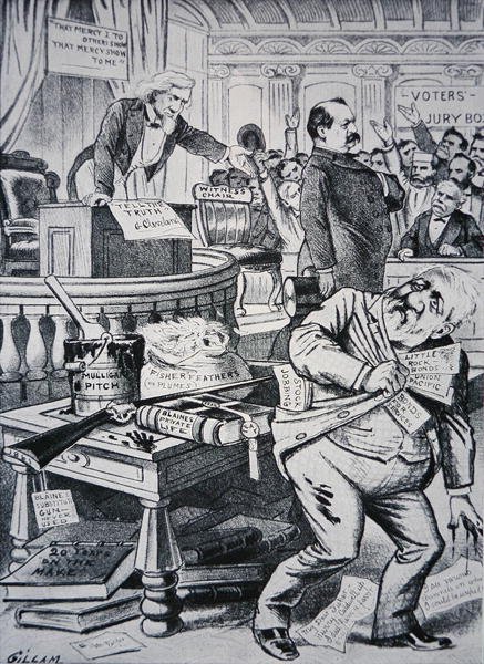 Grover Cleveland (1837-1908) che dice la verità sulla sua vita privata, mentre il suo avversario James Blaine (1830-93) è ritratto come corrotto da Victor Gillam