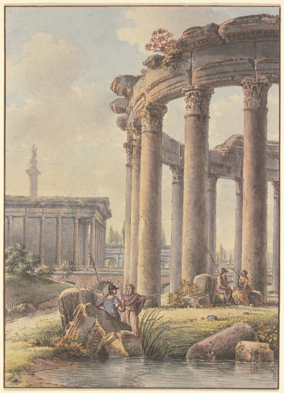 Capriccio architettonico: rovine di un tempio rotondo, sullo sfondo la Colonna Traiana da Victor Jean Nicolle