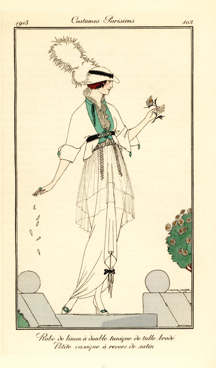 Donna in abito di lino con doppia tunica in tulle ricamato, giacchetta con risvolti di raso da Victor Lhuer