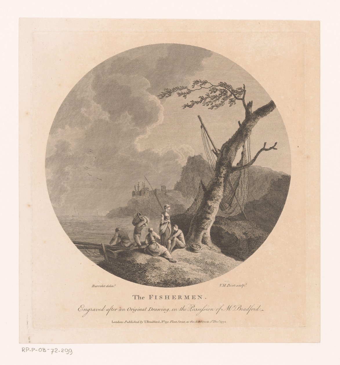 Paesaggio con pescatori vicino a un albero con reti da pesca da Victor Marie Picot
