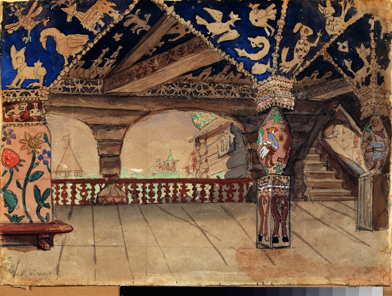 Decorazione preparatoria per la pièce teatrale "La fanciulla delle nevi" di Alexandre Ostrovski. La terrazza in legno da Victor Mikhailovich Vasnetsov