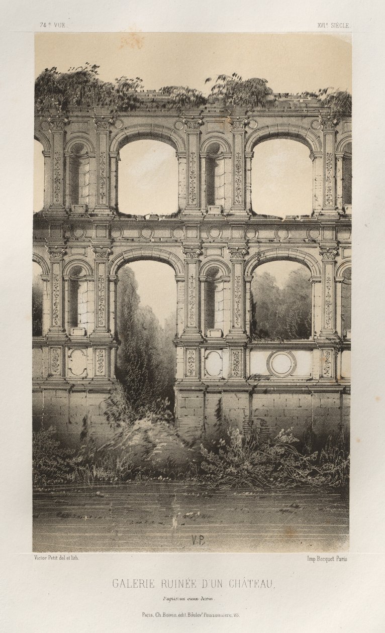 Architettura Pittoresca o Monumenti del XV e XVI Secolo: Castelli di Francia del XV e XVI Secolo: Tav. 74, Galleria Rovinata di un Castello, da un vecchio disegno da Victor Petit