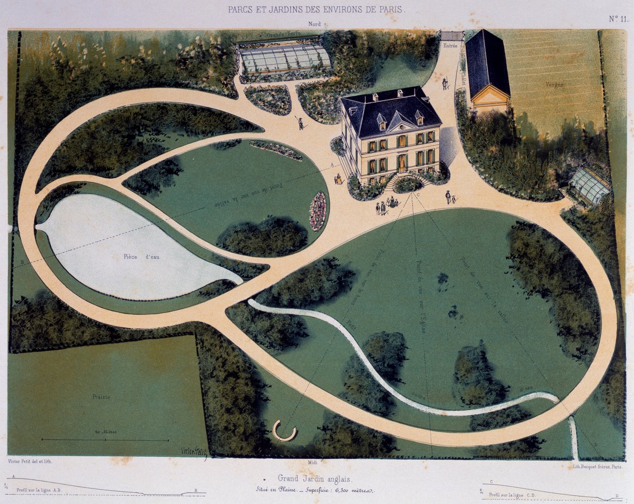 Grande giardino inglese di 6300 metri quadrati, illustrazione tratta da Parcs et Jardins des environs de Paris, ca 1850, litografia di Victor Petit, Francia da Victor Petit