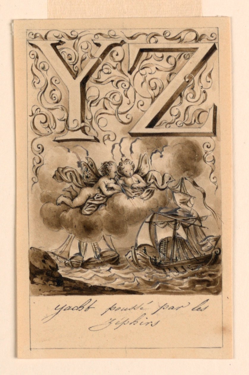 Design per le lettere Y e Z di un abbecedario: Yacht/ Zéphir (Yacht guidati da Zefiri) da Victor Vincent Adam