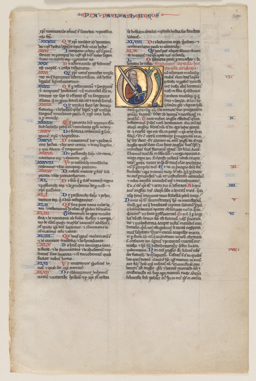 Foglia con Iniziale da una Bibbia Latina: Iniziale M: San Paolo con una Spada e un Libro da Vienna Moralized Bible Workshop