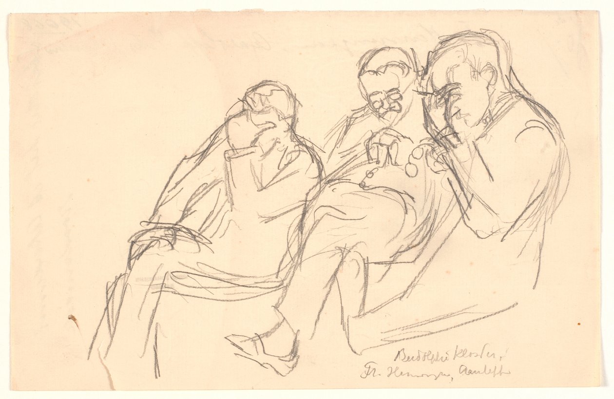 Figurskitse. Tre uomini seduti: Fr. Henningsen, Aarsleff e P. Johansen da Viggo Johansen