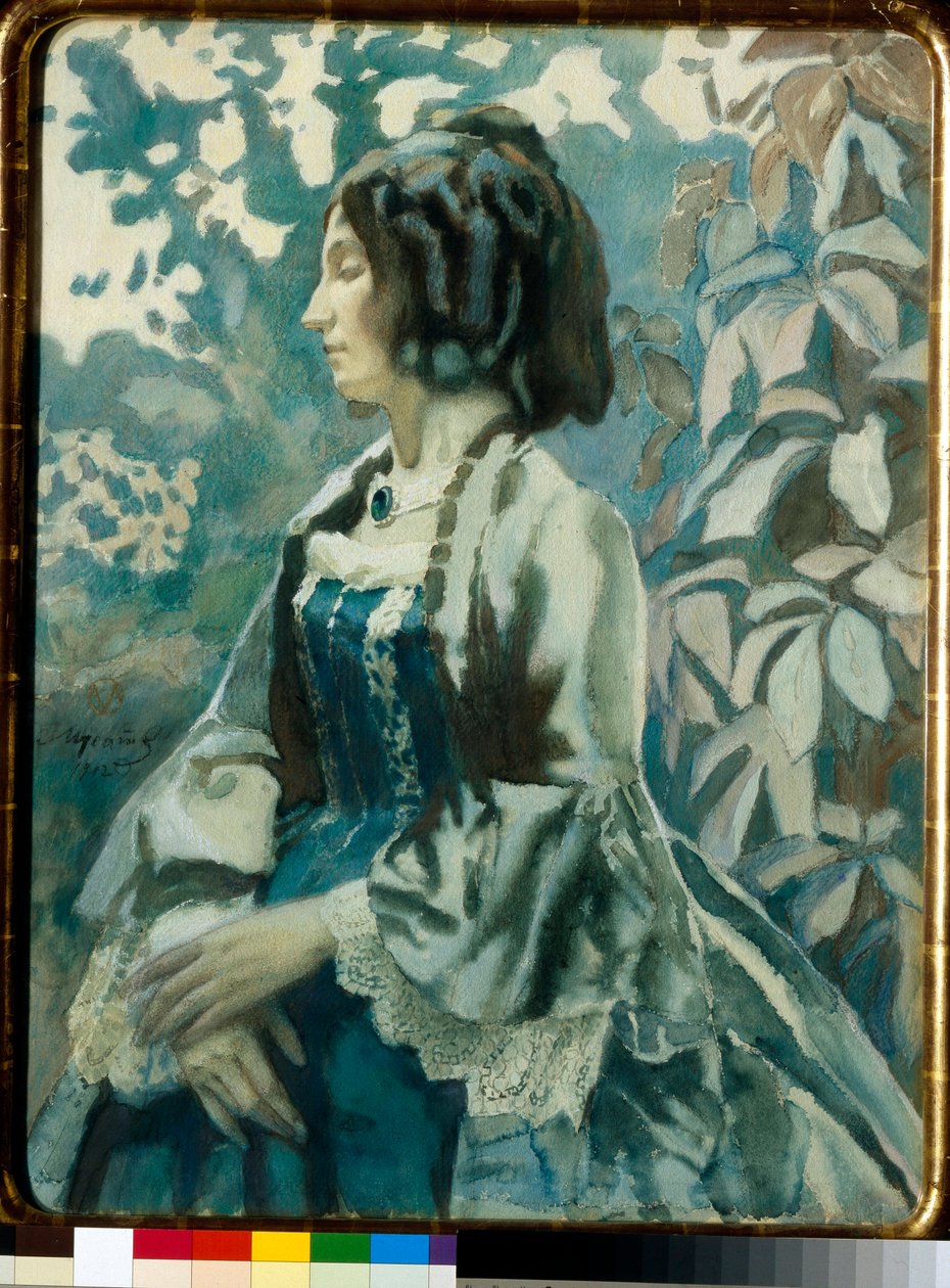 Ritratto di una donna, occhi chiusi, pensierosa, vestita con un abito a crinolina da Viktor Elpidiforovich Borisov Musatov