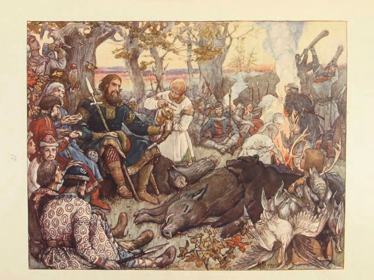 Riposo del Gran Principe Vladimir II Monomakh durante la caccia. La caccia imperiale in Russia di N. Kutepov da Viktor Mikhaylovich Vasnetsov