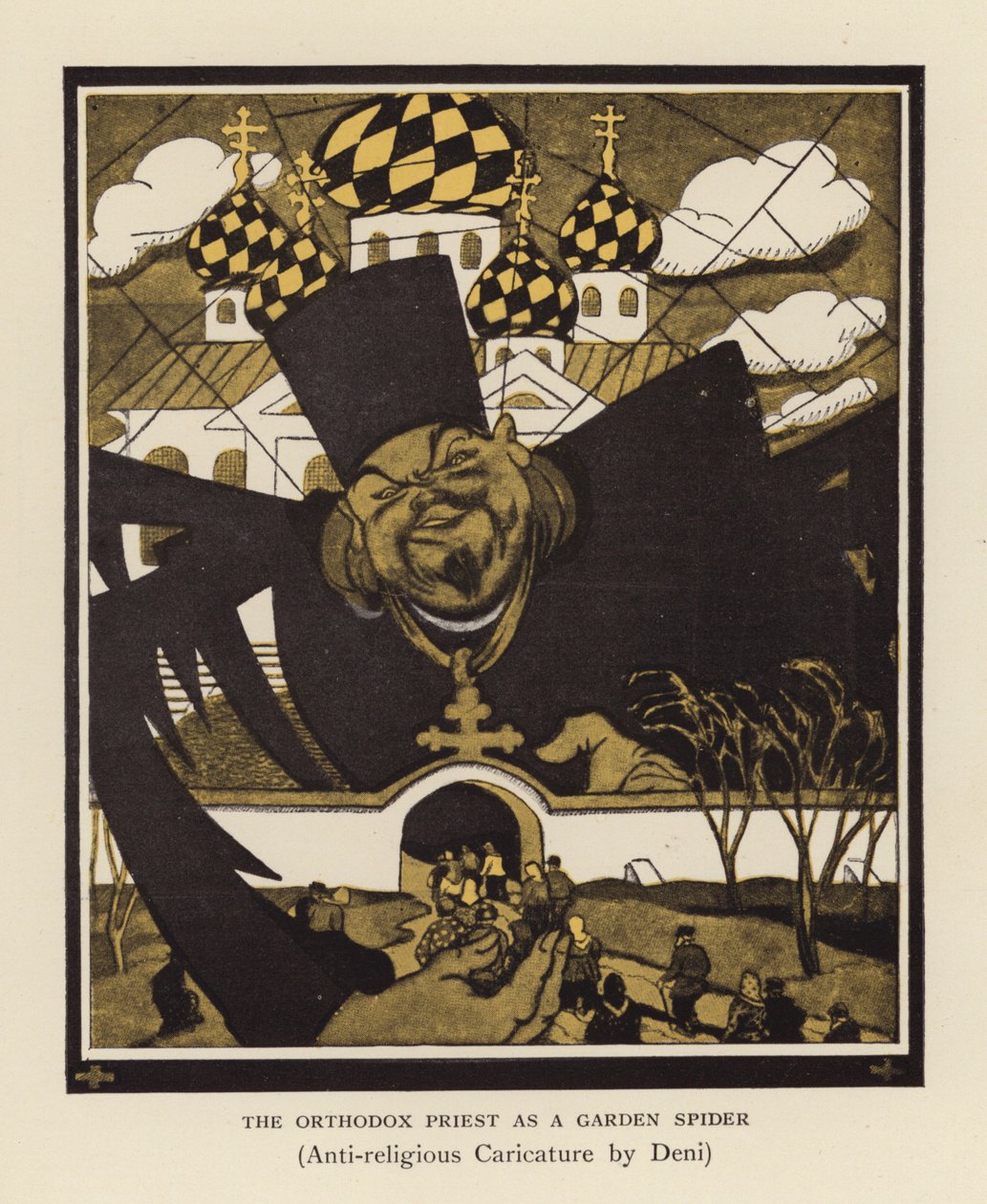 Il prete ortodosso come ragno da giardino (litografia a colori) da Viktor Nikolaevich Deni