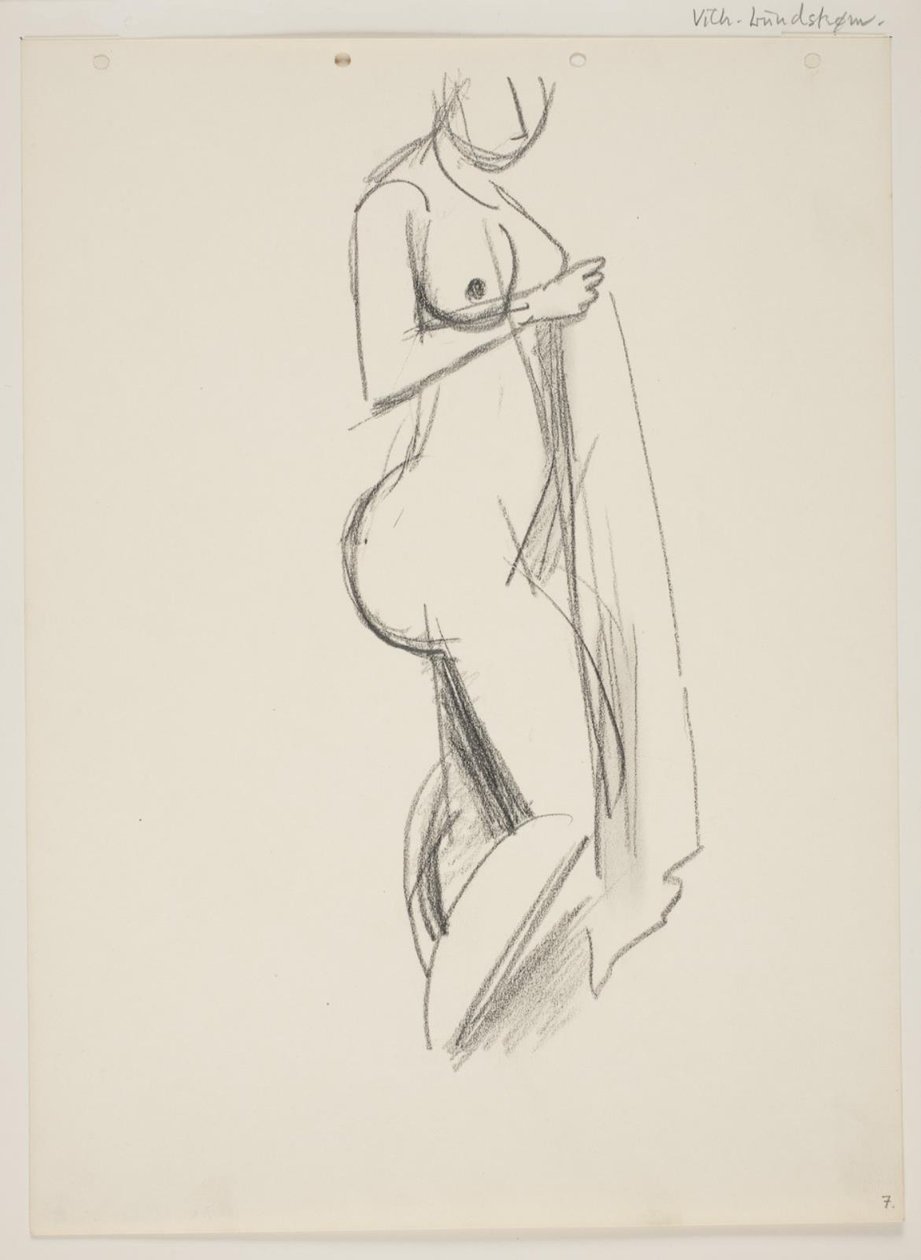 Donna nuda in piedi, profilo a destra, drappeggio in mano da Vilhelm Lundstrøm