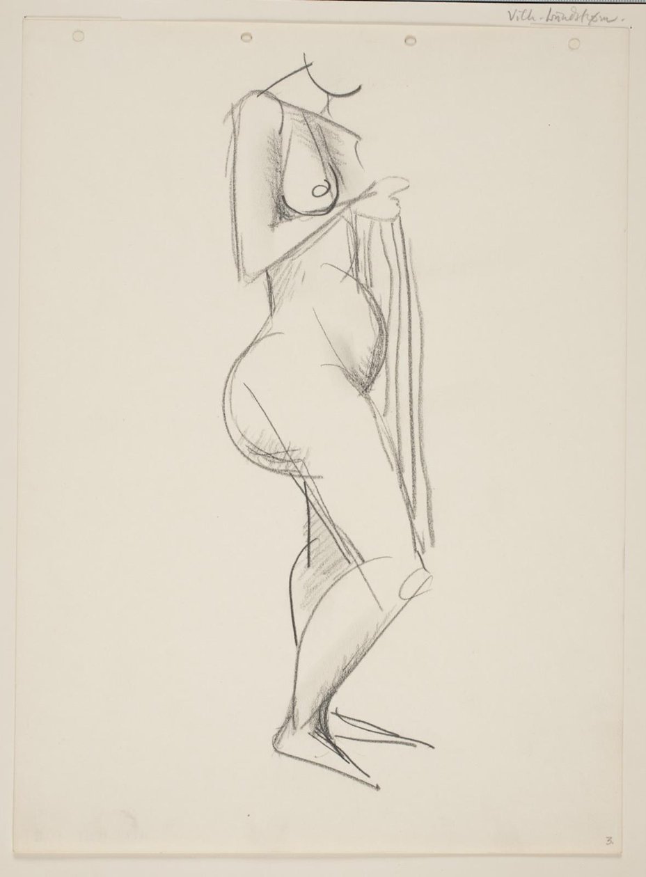 Donna nuda in piedi, profilo a destra, drappo in mano da Vilhelm Lundstrøm
