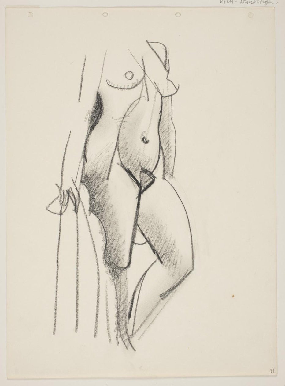 Donna nuda in piedi, rivolta a destra, drappo in mano da Vilhelm Lundstrøm