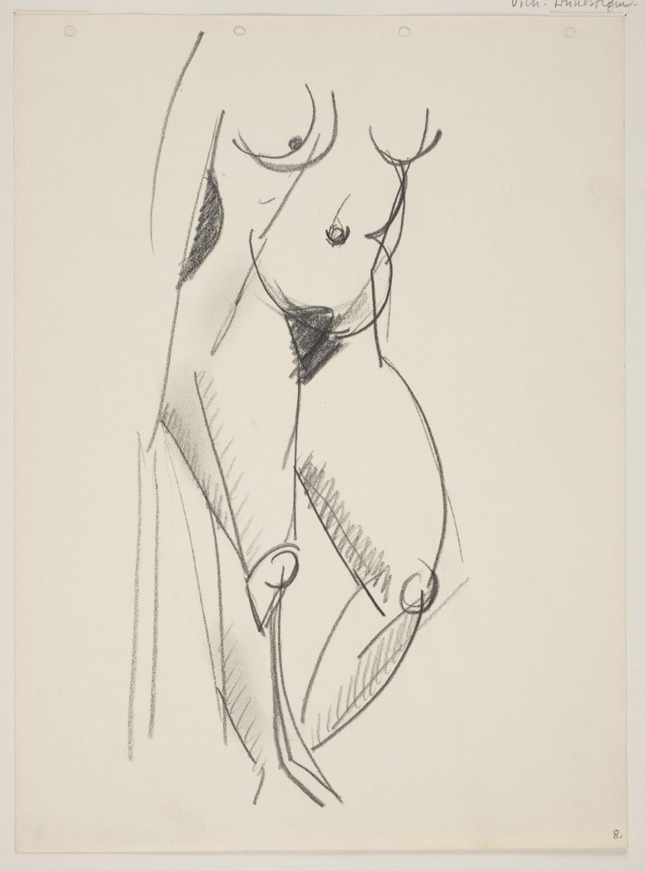 Donna nuda in piedi, rivolta a destra, drappo in mano da Vilhelm Lundstrøm