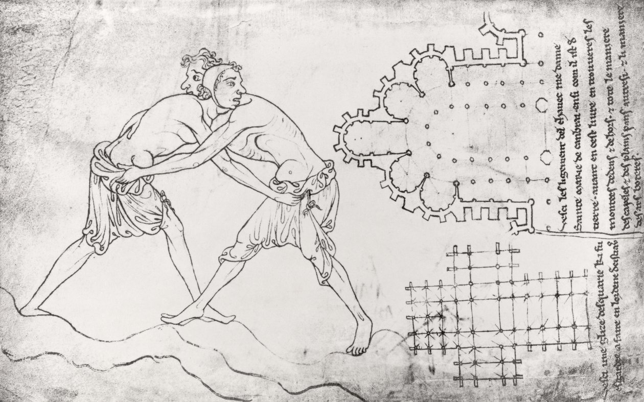 Due lottatori, pianta di una chiesa cistercense e pianta del coro di Notre-Dame de Cambrai (copia facsimile) da Villard de Honnecourt
