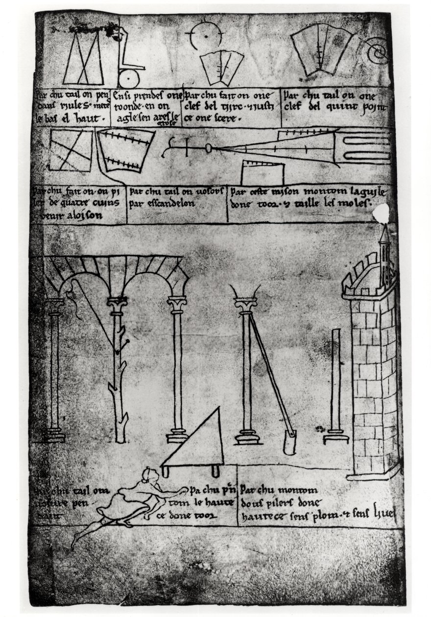 Ms.Fr.19093 fol.20v Figure geometriche per la costruzione, archi e uomo che misura l