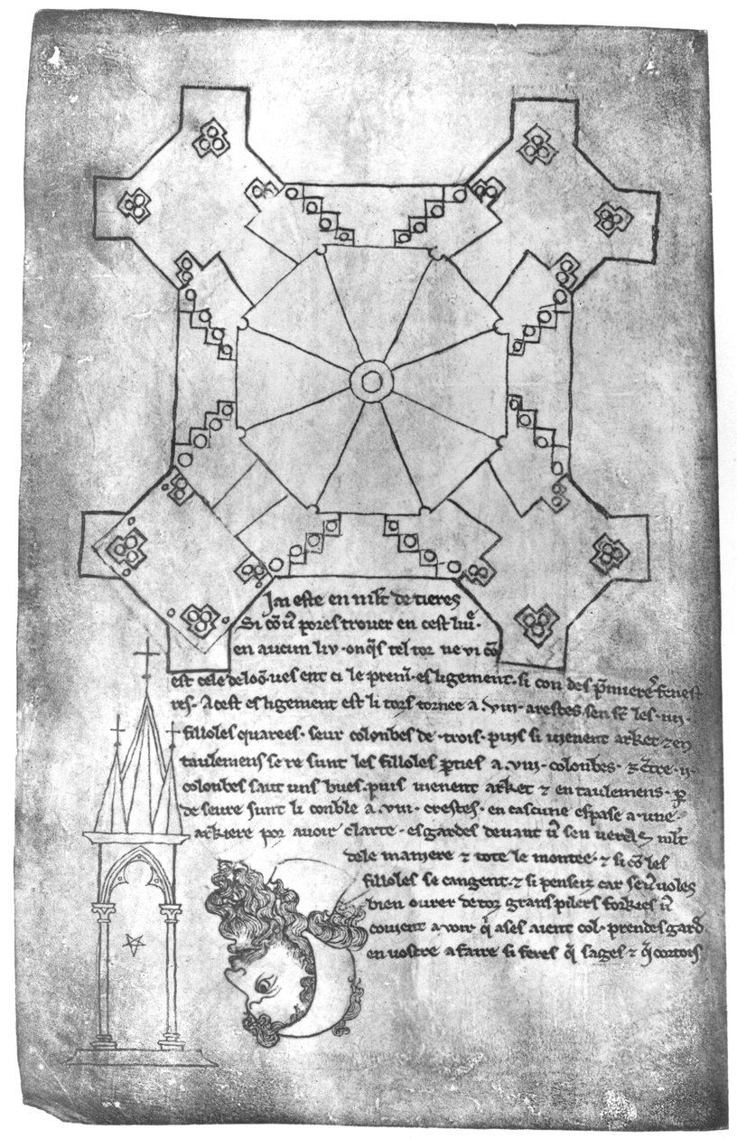 Ms 19093 fol.9v Copia facsimile di un piano della torre della Cattedrale di Laon, la testa di un uomo barbuto e una finestra gotica da Villard de Honnecourt