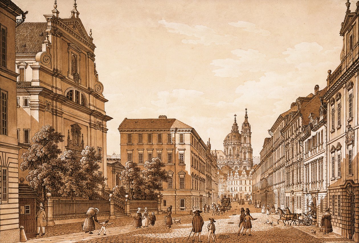 Vista della Strada Karmelitská verso la Chiesa di San Nicola, Praga da Vincenc Morstadt