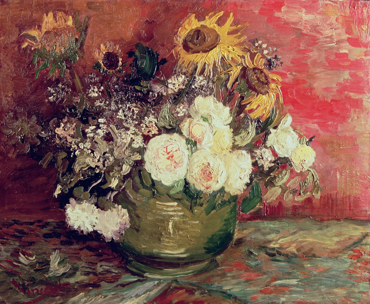 Girasoli, rose e altri fiori in una ciotola, 1886 da Vincent van Gogh