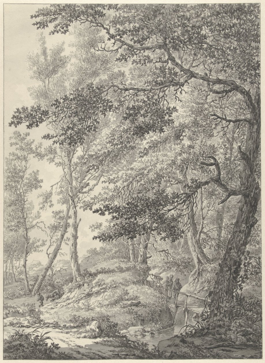 Paesaggio boschivo con un ponticello di legno e due escursionisti da Vincent Jansz. van der Vinne