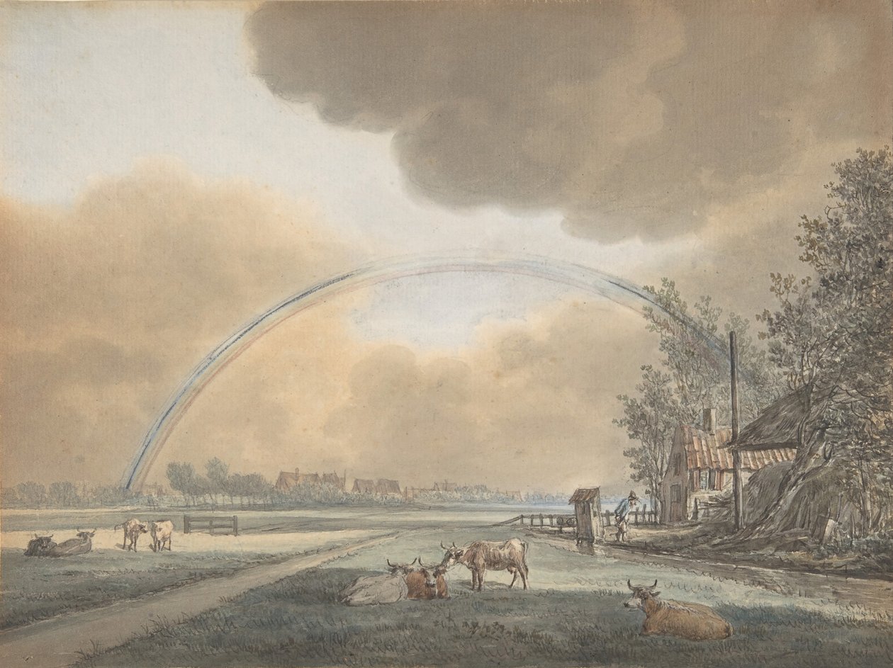 Paesaggio con Arcobaleno su una Fattoria e Villaggio Distante da Vincent Jansz. van der Vinne