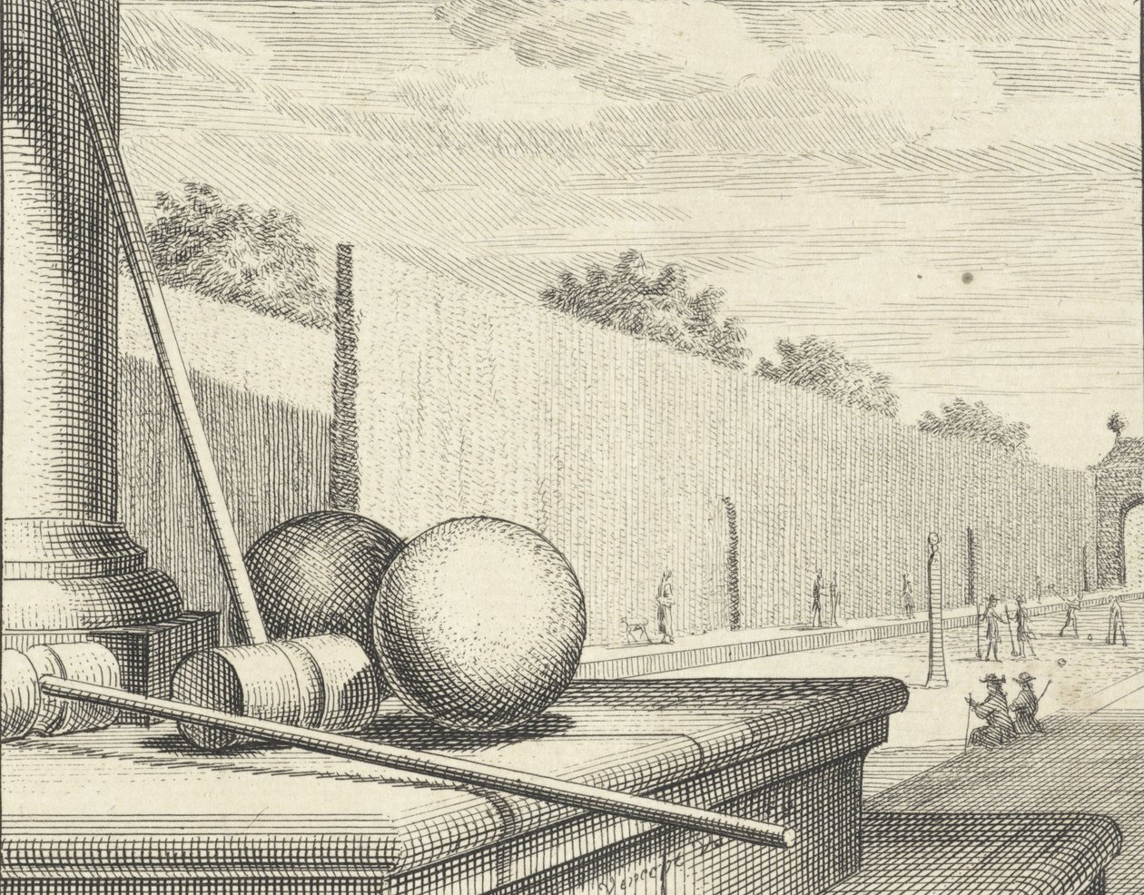 Attributi del croquet con giocatori di croquet sullo sfondo da Vincent Laurensz Vinne van der